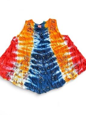 California Woman Embroidered Tie-Dye Tank Top In Blue with Orange & Yellow
